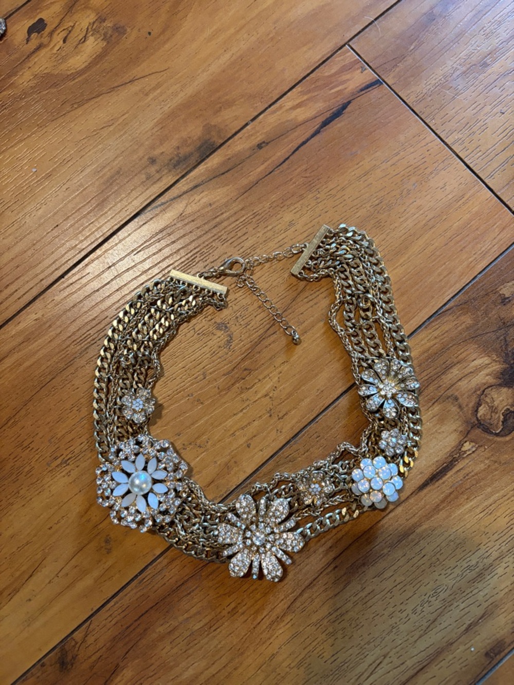 Anthropologie Gold Floral Statement Necklace with Crystal & Opal Accents